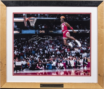 Michael Jordan Signed 16x20 Dunk Photo Framed In Chicago Bulls Game Used Floor (UDA)